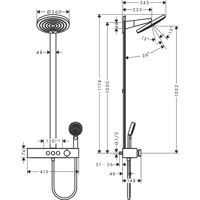 Душевая система Hansgrohe Pulsify S Showerpipe 260 2jet 24240670 с термостатом Черная матовая латунь на стену
