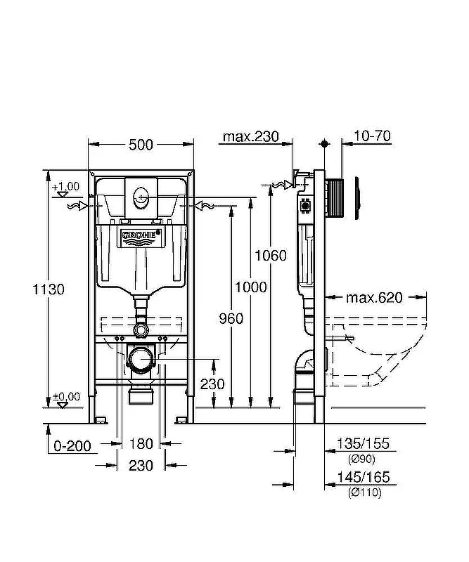 Комплект унитаза AM.PM Awe C111738WH+C117852WH с инсталляцией Grohe Rapid SL 38721001 с сиденьем Микролифт и клавишей смыва Хром фарфор подвесной