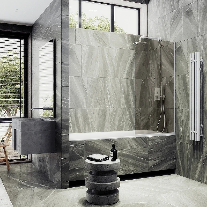 Шторка на ванну Maybah Glass MGV-151-1у 740x1400 в узком профиле Белый стекло бронзовое