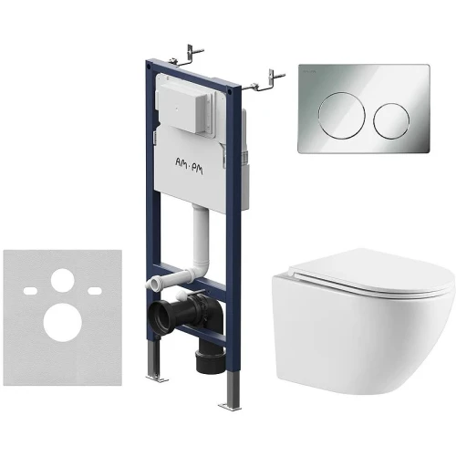 Комплект унитаза WellWant Aura WWU01121WK с инсталляцией AM.PM PrimeFit I012709.0151 с сиденьем Микролифт и клавишей смыва Хром глянцевый
