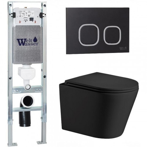Комплект унитаза с инсталляцией WeltWasser AMBERG 350 ST + SALZBACH 043 MT-BL + AMBERG RD-BL 10000011522 цвет Черный матовый с сиденьем Микролифт и клавишей смыва цвет Черный