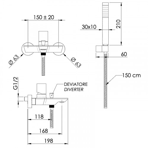 Смеситель для ванны Remer Edge EG502 Хром латунь на стену