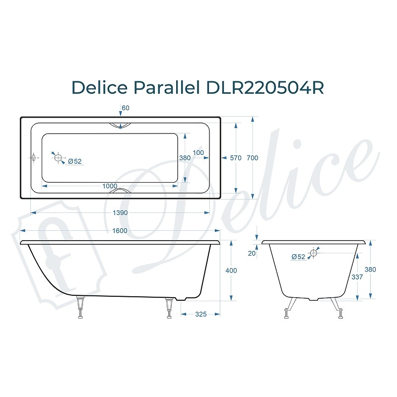 Чугунная ванна Delice Parallel 160x70 DLR220504RB с черными матовыми ручками без антискользящего покрытия