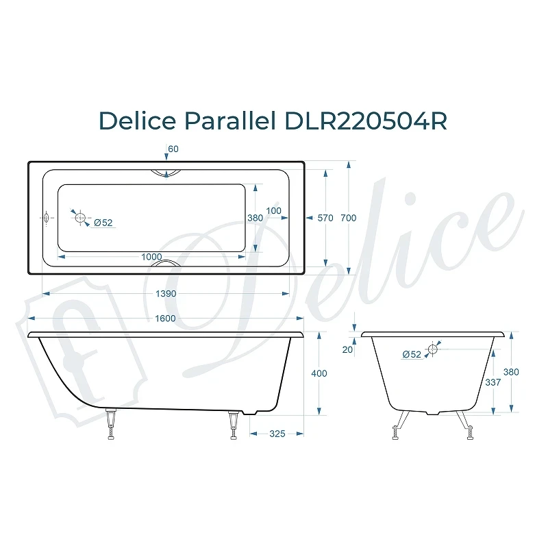 Чугунная ванна Delice Parallel 160x70 DLR220504RB с черными матовыми ручками без антискользящего покрытия