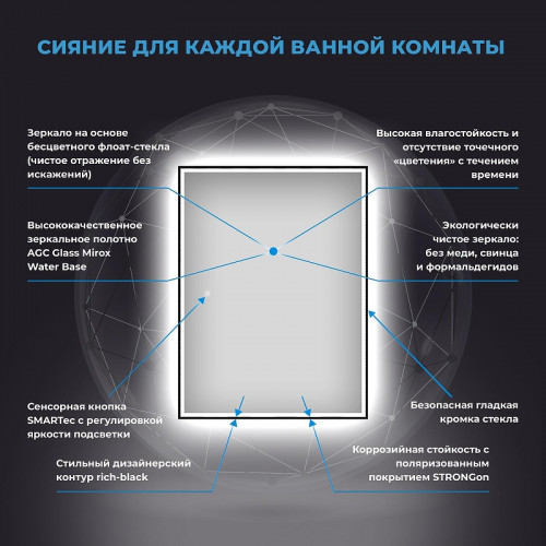 Зеркало Wellsee 7 Rays' Spectrum 70 172201320-172201330 с подсветкой цвет Черный матовый с сенсорным выключателем