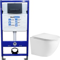 Комплект унитаза WeltWasser Merzbach 043 GL-WT 10000009939 с инсталляцией WellWant Standart 50 WWISI111BB с сиденьем Микролифт и Черной матовой клавишей смыва фаянс подвесной