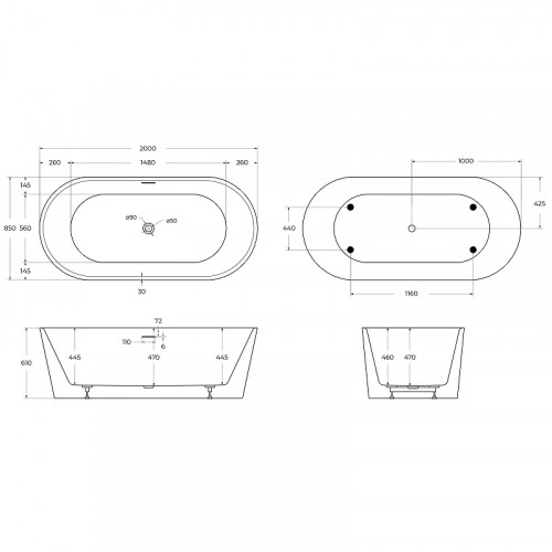 Акриловая ванна BelBagno 200x85 BB416-2000-850 без гидромассажа