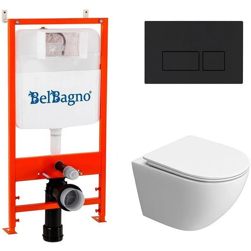 Комплект унитаза с инсталляцией BelBagno Uno-Tor BB5177CH-TOR/SC/BB026/BB044NERO с сиденьем Микролифт и Черной матовой клавишей смыва