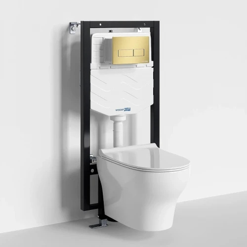 Комплект унитаза с инсталляцией WasserKRAFT Vils 56TLT.010.ME.MG03.H001 цвет Белый с сиденьем Микролифт и клавишей смыва цвет Золото матовое