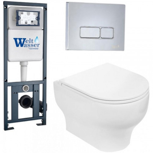 Комплект унитаза с инсталляцией WeltWasser MARBERG 410 + ERLENBACH 004 GL-WT + MAR 410 SE-CR 10000006465 цвет Белый глянцевый с сиденьем Микролифт и клавишей смыва цвет Хром