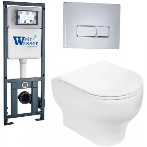 Комплект унитаза с инсталляцией WeltWasser MARBERG 410 + ERLENBACH 004 GL-WT + MAR 410 SE-CR 10000006465 цвет Белый глянцевый с сиденьем Микролифт и клавишей смыва цвет Хром