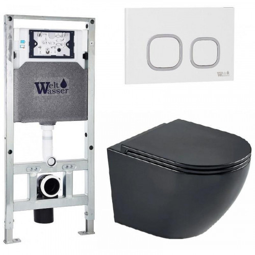 Комплект унитаза с инсталляцией WeltWasser AMBERG 506 ST + MERZBACH 043 MT-BL + AMBERG RD-WT 10000011348 цвет Черный матовый с сиденьем Микролифт и клавишей смыва цвет Белый
