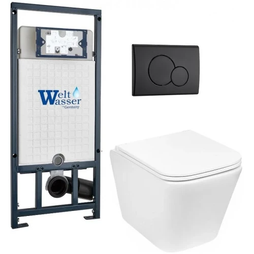 Комплект унитаза с инсталляцией WeltWasser MARBERG 507 + GELBACH 043 GL-WT + MAR 507 RD MT-BL 10000011880 цвет Белый глянцевый с сиденьем Микролифт и клавишей смыва цвет Черный матовый