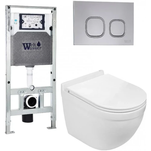 Комплект унитаза с инсталляцией WeltWasser AMBERG 506 ST + HEIMBACH 043 GL-WT + AMBERG RD-CR 10000012152 цвет Белый глянцевый с сиденьем Микролифт и клавишей смыва цвет Хром