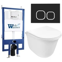 Комплект унитаза с инсталляцией WeltWasser BAMBERG 545 + TELBACH 004 GL-WT + BAMBERG BL 10000012957 цвет Белый глянцевый с сиденьем Микролифт и клавишей смыва цвет Черный