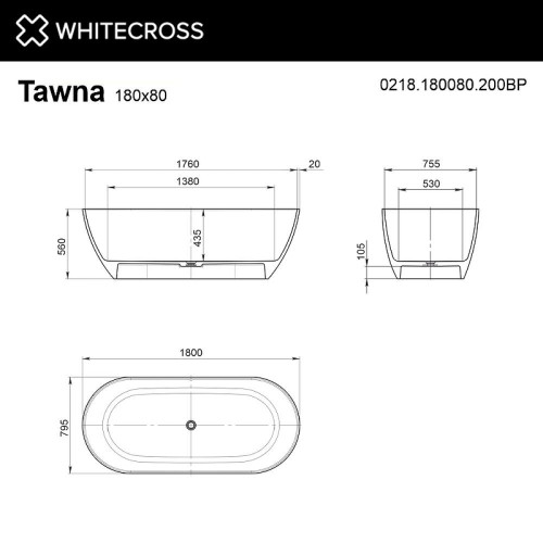 Ванна из искусственного камня Whitecross Tawna 180x80 0218.180080.200BP цвет Белый матовый