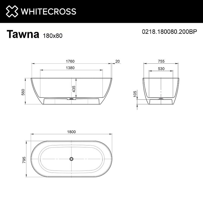 Ванна из искусственного камня Whitecross Tawna 180x80 0218.180080.200BP цвет Белый матовый