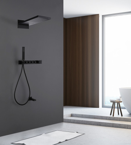 Душевая система Abber Rund AF8753B с термостатом Черная матовая латунь встраиваемый