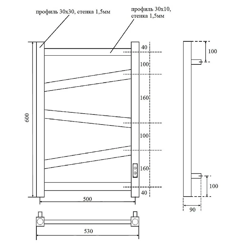 Электрический полотенцесушитель Point Феникс PN15856B П5 500x600 диммер справа Черный