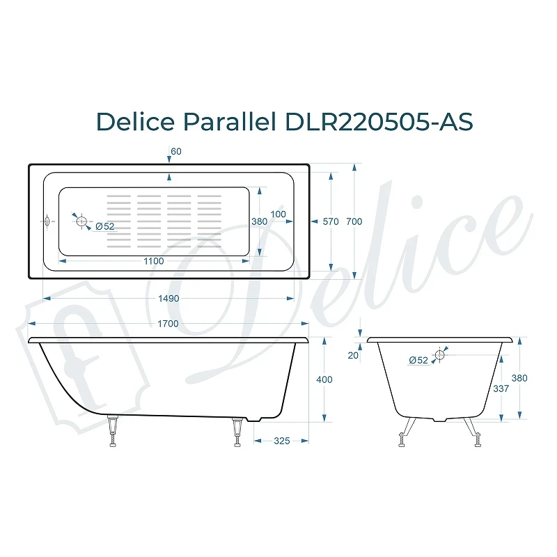 Чугунная ванна Delice Parallel 170x70 DLR220505-AS без отверстий под ручки с антискользящим покрытием
