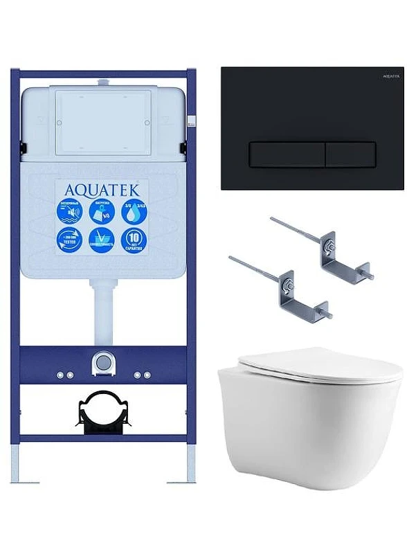 Комплект унитаза с инсталляцией Aquatek Set Aquatek Классик cm-025 4в1 цвет Белый с сиденьем Микролифт и клавишей смыва цвет Черный матовый