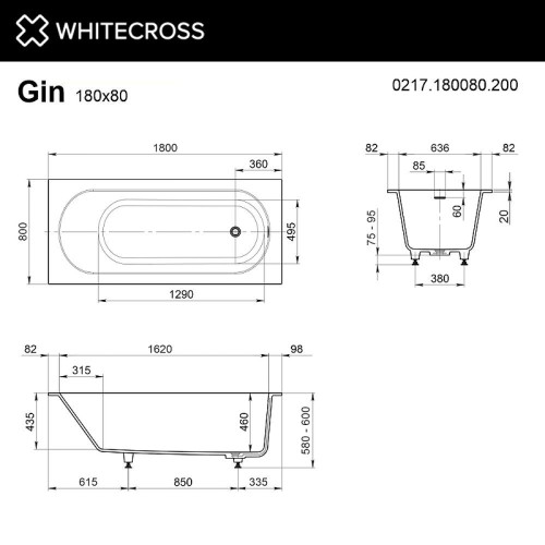 Ванна из искусственного камня Whitecross Gin 180x80 0217.180080.200.LINE.GL цвет Белый матовый с гидромассажем форсунки Золото