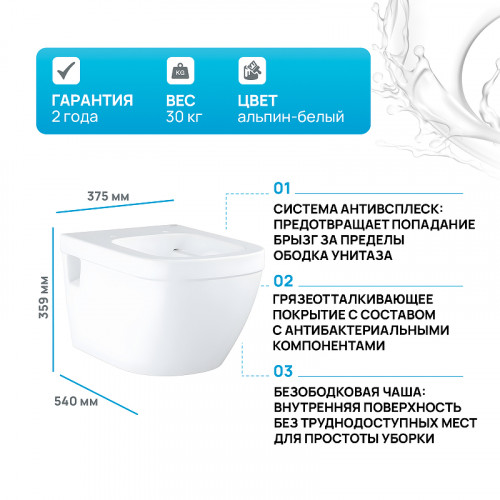 Унитаз Grohe Euro Ceramic 39538000 подвесной без сиденья фарфор подвесной