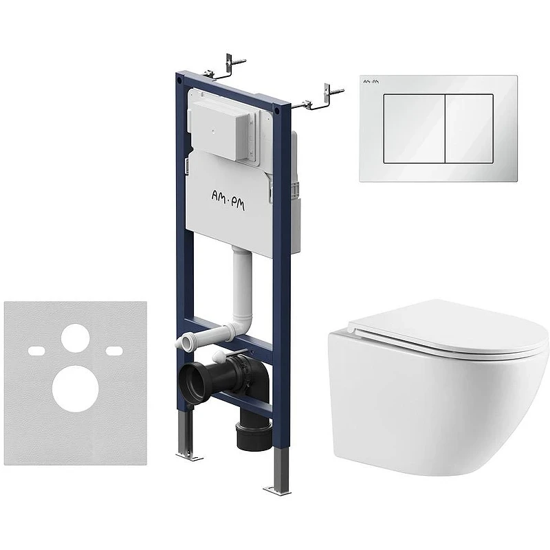 Комплект унитаза WellWant Aura WWU01121WK с инсталляцией AM.PM PrimeFit I012709.0201 с сиденьем Микролифт и Белой глянцевой клавишей смыва
