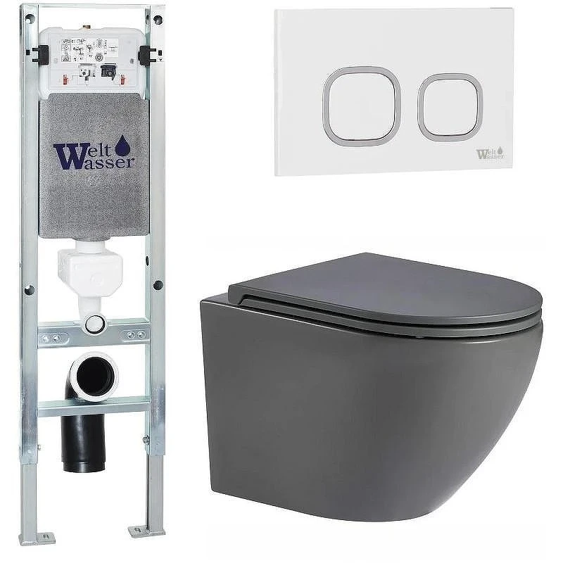 Комплект унитаза с инсталляцией WeltWasser AMBERG 350 ST + MERZBACH 043 MT-GR + AMBERG RD-WT 10000011368 цвет Серый матовый с сиденьем Микролифт и клавишей смыва цвет Белый