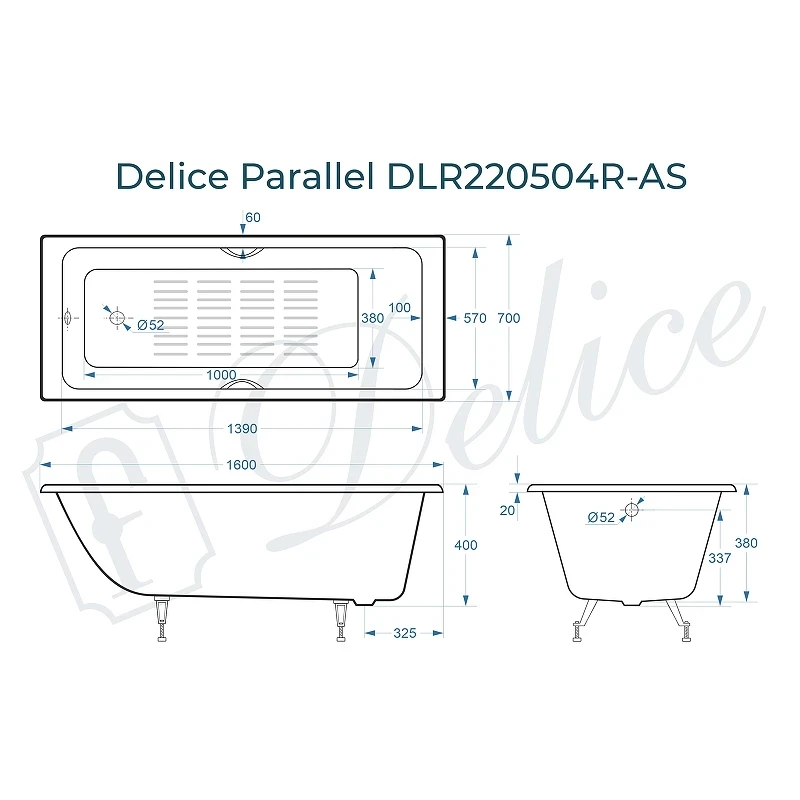 Чугунная ванна Delice Parallel 160x70 DLR220504RB-AS с черными матовыми ручками с антискользящим покрытием
