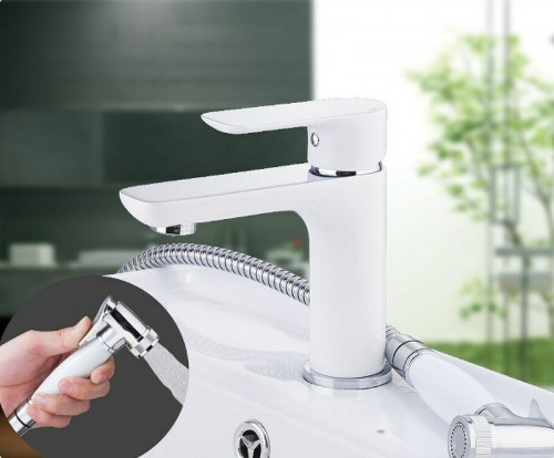 Смеситель для раковины Gappo G48 G1048-1 с гигиеническим душем Белый Хром латунь