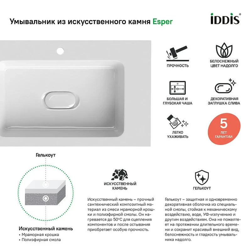Тумба с раковиной Iddis Esper 60 ESP60W0i95K подвесная Белая МДФ / ЛДСП