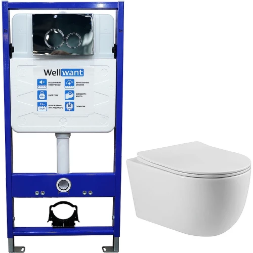 Комплект унитаза Vincea Evo Rimless VT1-34S с инсталляцией WellWant Standart 50 WWISI1110B с сиденьем Микролифт и клавишей смыва Хром глянцевый фарфор подвесной