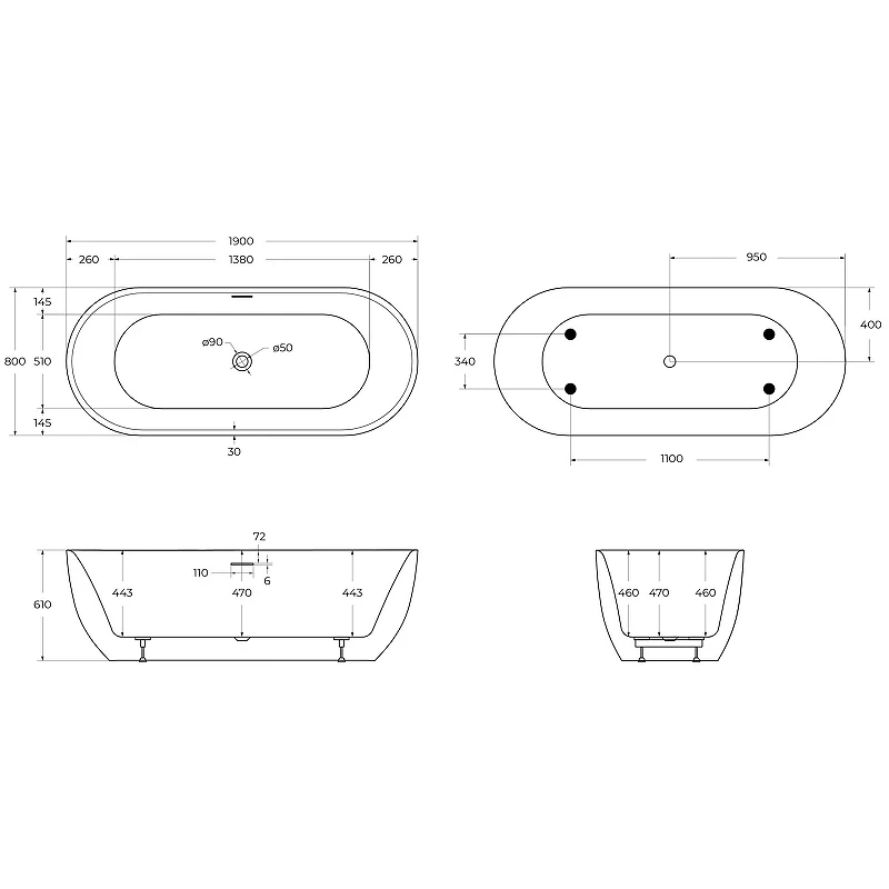 Акриловая ванна BelBagno 190x80 BB417-1900-800 без гидромассажа