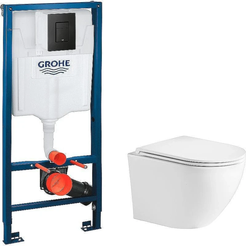 Унитаз с инсталляцией WeltWasser Merzbach 043 GL-WT 10000009939 + Grohe Rapid SL 38811KF0 с сиденьем Микролифт и Черной матовой клавишей смыва