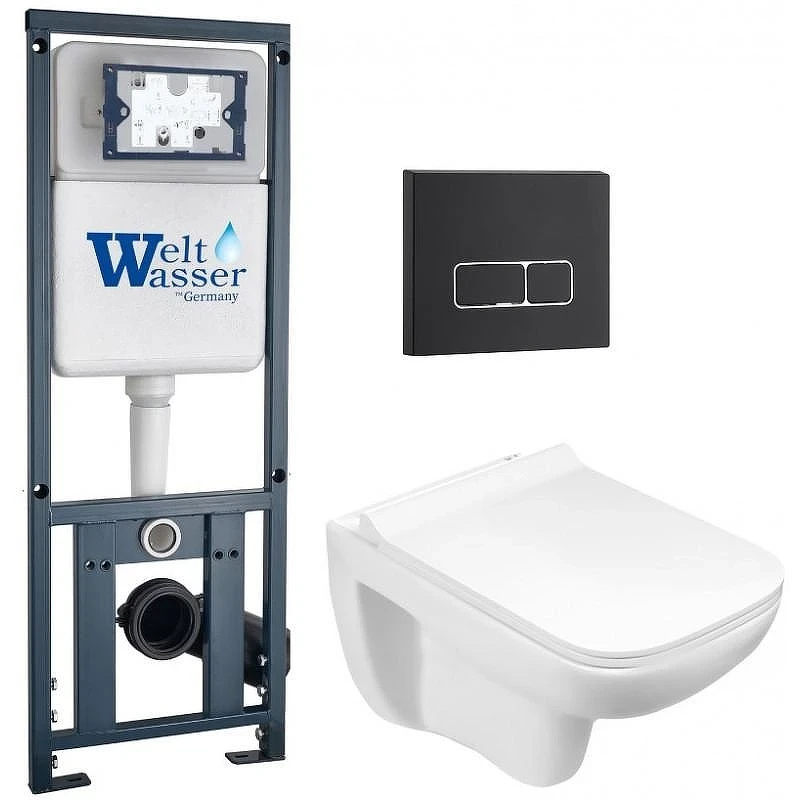 Комплект унитаза с инсталляцией WeltWasser MARBERG 410 + KEHLBACH 004 GL-WT + MAR 410 SE MT-BL 10000010731 цвет Белый глянцевый с сиденьем Микролифт и клавишей смыва цвет Черный матовый