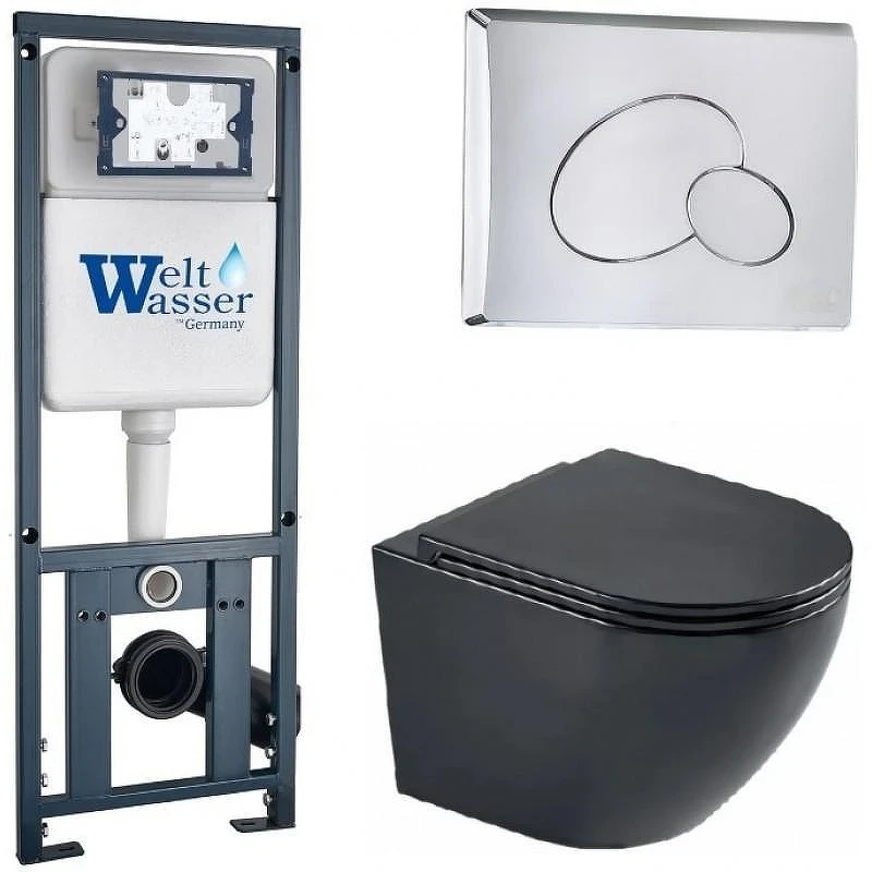 Комплект унитаза с инсталляцией WeltWasser MARBERG 410 + MERZBACH 043 MT-BL + MAR 410 RD-CR 10000011350 цвет Черный матовый с сиденьем Микролифт и клавишей смыва цвет Хром