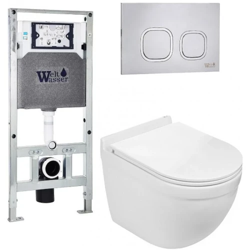 Комплект унитаза с инсталляцией WeltWasser AMBERG 506 ST + HEIMBACH 043 GL-WT + AMBERG RD-MT CR 10000012153 цвет Белый глянцевый с сиденьем Микролифт и клавишей смыва цвет Хром матовый