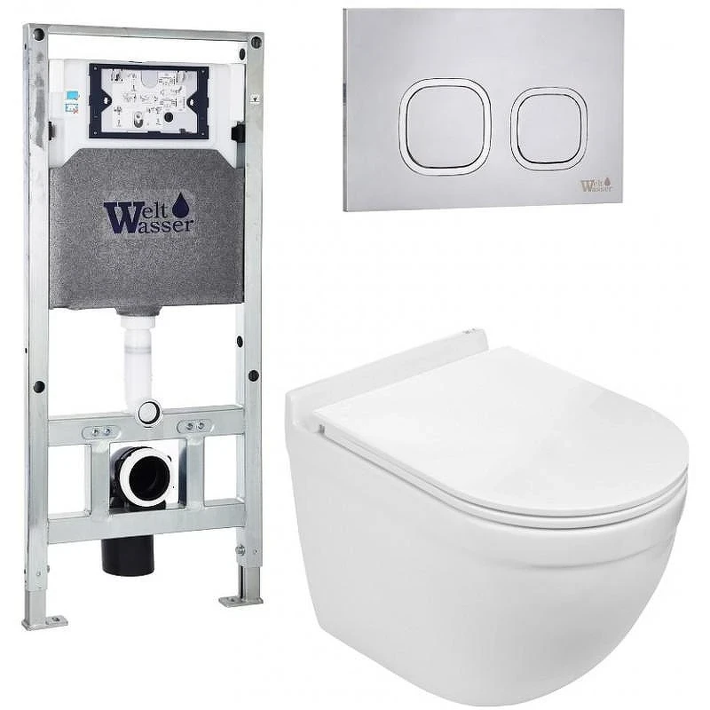 Комплект унитаза с инсталляцией WeltWasser AMBERG 506 ST + HEIMBACH 043 GL-WT + AMBERG RD-MT CR 10000012153 цвет Белый глянцевый с сиденьем Микролифт и клавишей смыва цвет Хром матовый