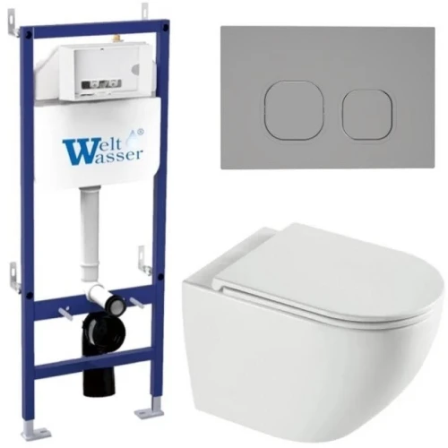Комплект унитаза с инсталляцией WeltWasser BAMBERG 460 + MERZBACH 043 XL GL-WT + BAMBERG CR 10000013787 цвет Белый глянцевый с сиденьем Микролифт и клавишей смыва цвет Хром