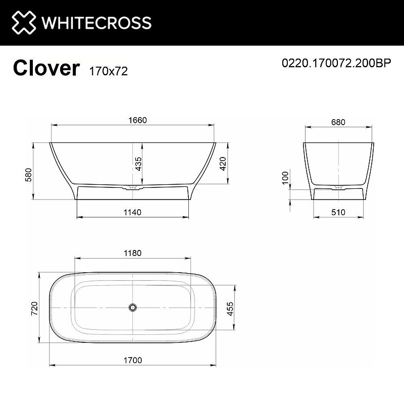 Ванна из искусственного камня Whitecross Clover 170x72 0220.170072.200BP цвет Белый матовый