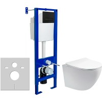 Комплект унитаза Aquatek Европа AQ1900-00 с инсталляцией Berges Atom 410 040340 с сиденьем Микролифт и Черной матовой клавишей смыва фарфор подвесной