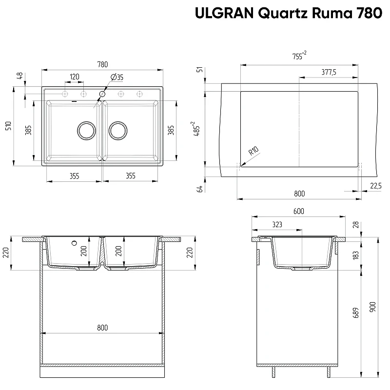 Кухонная мойка Ulgran Quartz Ruma 780-09 Асфальт искусственный камень (литьевой мрамор) встраиваемый