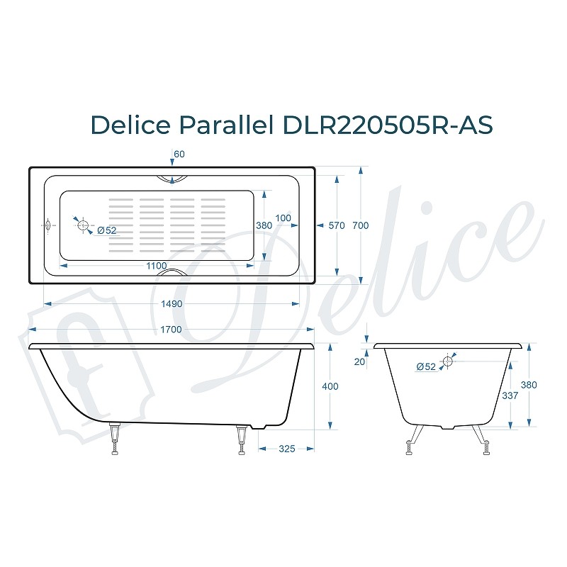 Чугунная ванна Delice Parallel 170x70 DLR220505R-AS с ручками с антискользящим покрытием