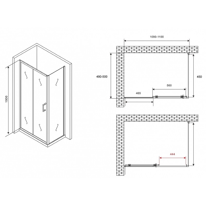 Душевой уголок Abber Schwarzer Diamant 110x50 AG30110B5-S50B5 профиль Черный стекло прозрачное