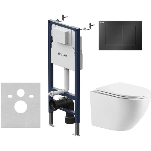 Комплект унитаза WellWant Aura WWU01121WK с инсталляцией AM.PM PrimeFit I012709.0238 с сиденьем Микролифт и Черной матовой клавишей смыва