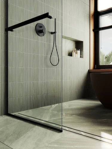 Душевая перегородка Maybah Glass MGD-732-6у 890x1950 в узком профиле Черный стекло прозрачное