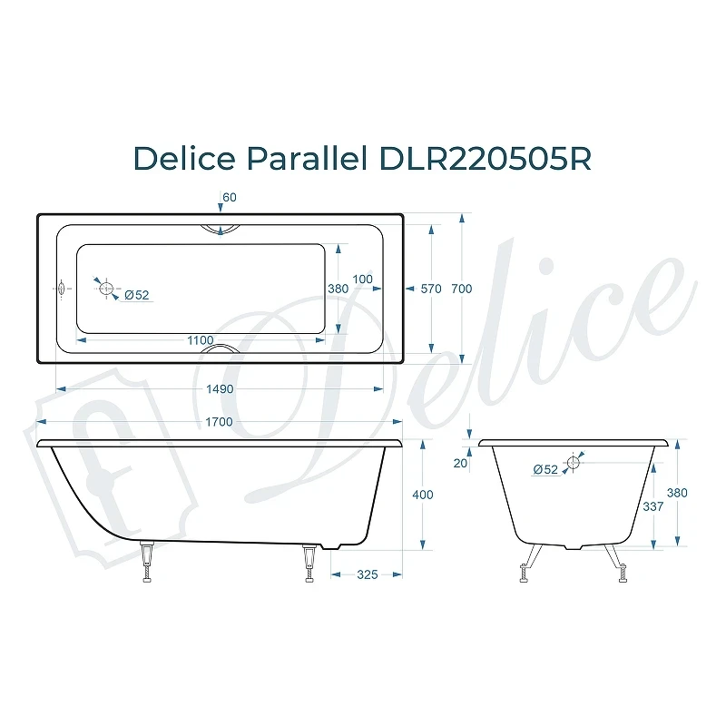 Чугунная ванна Delice Parallel 170x70 DLR220505RB с черными матовыми ручками без антискользящего покрытия