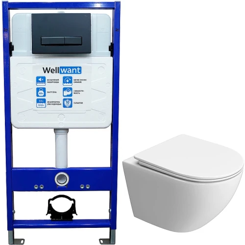 Комплект унитаза BelBagno Uno-Tor BB5177CH-TOR/SC с инсталляцией WellWant Standart 50 WWISI111BB с сиденьем Микролифт и Черной матовой клавишей смыва фаянс подвесной