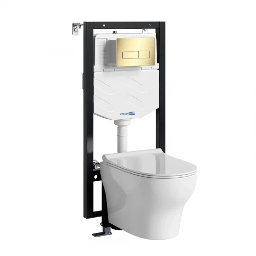 Комплект унитаза с инсталляцией WasserKRAFT Vils 56TLT.010.ME.PG03.H001 цвет Белый с сиденьем Микролифт и клавишей смыва цвет Золото глянцевое